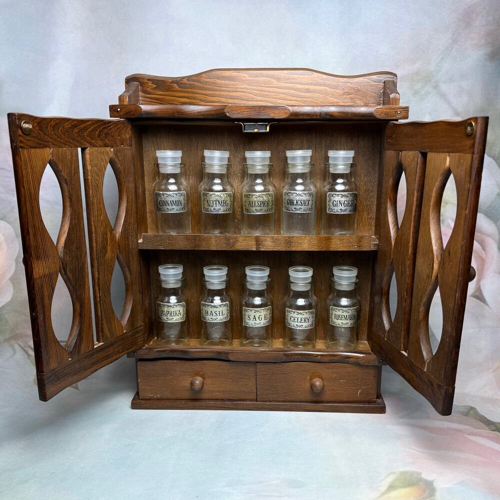 Vintage Wooden Apothecary Spice Rack Cabinet With 10 Glass Spice Jars